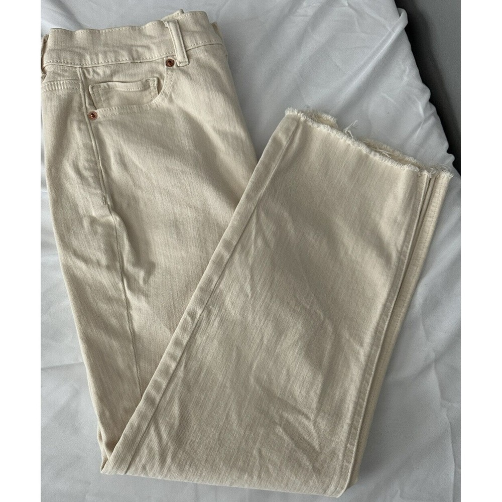 Express Womens Sz 8 Cropped Straight Super High Rise Jeans Raw Hem Beige Denim